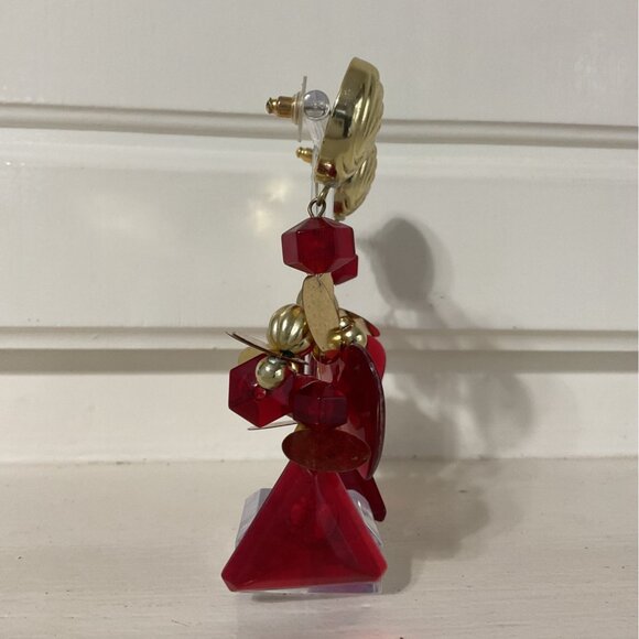 Red and Gold Geometric Heart Large Dangle Drop Earrings - Picture 2 of 3